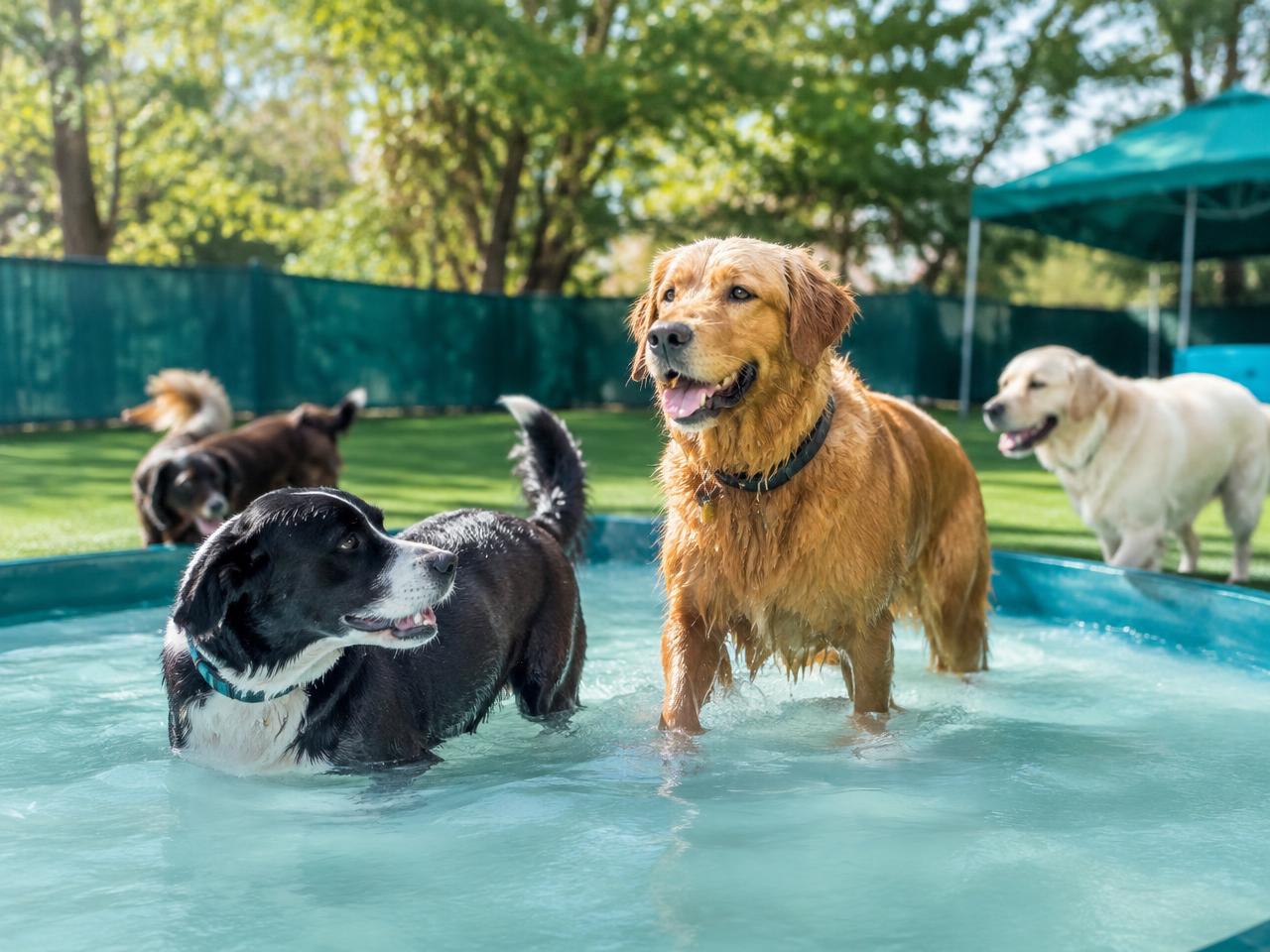 Cães brincando na piscina da recreação